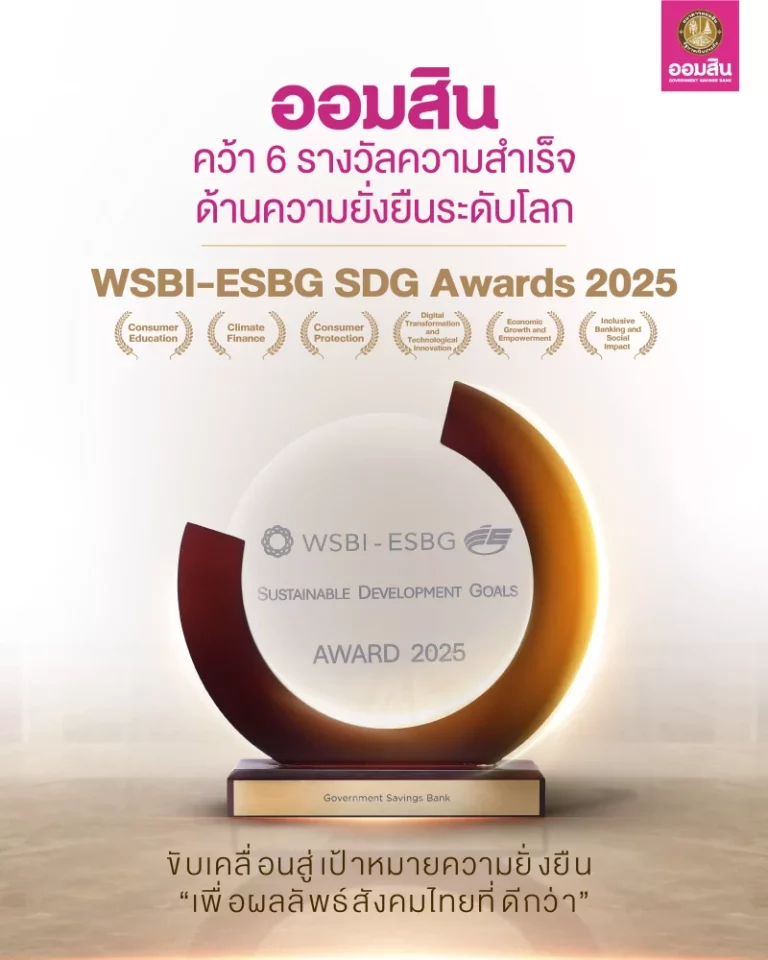 ออมสิน คว้า 6 รางวัล WSBI-ESBG SDG Awards 2025 มากที่สุดบนเวทีความยั่งยืนระดับโลก ตอกย้ำบทบาทธนาคารเพื่อสังคม สร้างผลลัพธ์เชิงบวกสอดรับเป้าหมาย SDGs