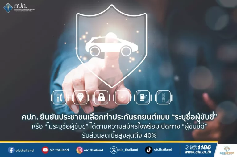 คปภ. ยืนยันเลือกทำประกันรถยนต์แบบ “ระบุชื่อ” หรือ “ไม่ระบุชื่อ” ผู้ขับขี่ ได้ตามความสมัครใจ พร้อมรับส่วนลดเบี้ยสูงสุดถึง 40% สำหรับ “ผู้ขับขี่ดี”