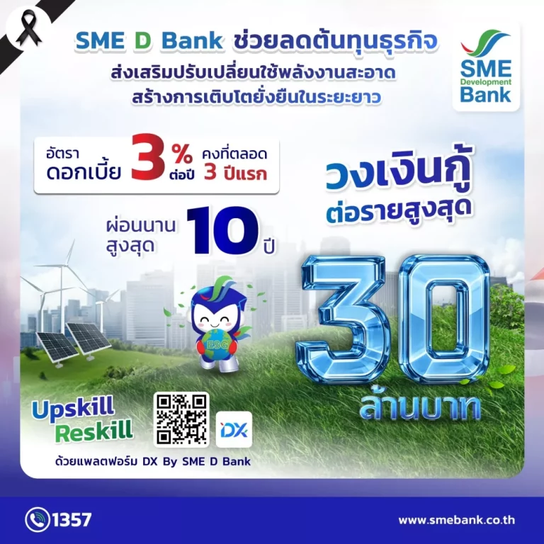 SME D Bank เผยดัชนีเชื่อมั่นเอสเอ็มอี Q1/69 ร่วงแรง! เหตุกังวลวิกฤตค่าพลังงานพุ่ง กางแผนช่วยสุดตัว สอดรับนโยบายรัฐ จัดสินเชื่อดอกต่ำ หนุนลดต้นทุน เปลี่ยนใช้พลังงานสะอาด