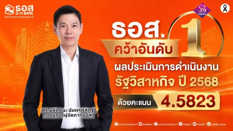 ธอส. คว้าอันดับ 1 ผลประเมินการดำเนินงานรัฐวิสาหกิจ ปี 2568 ด้วยคะแนน 4.5823