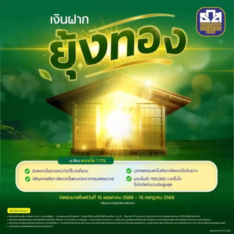 ธ.ก.ส. เปิดตัว “เงินฝากยุ้งทอง” (8 เดือน) รับดอกเบี้ยล่วงหน้าทันทีในวันที่ฝากเงินร้อยละ 1.11 ต่อปี