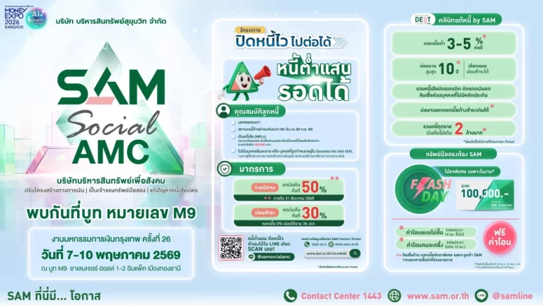 SAM ชูโครงการ “ปิดหนี้ไว ไปต่อได้” ร่วมงาน Money Expo Bangkok 2026 ยกโซลูชันแก้หนี้ครบวงจร พร้อมเปิดโอกาสลงทุนผ่านทรัพย์ NPA และมาตรการช่วยลูกหนี้ NPL