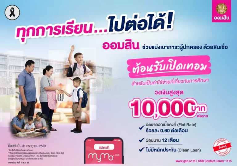 ออมสิน ปล่อย “สินเชื่อต้อนรับเปิดเทอม” ดอกเบี้ยต่ำ 0.60% ต่อเดือน ไม่ต้องใช้หลักประกันช่วยผู้ปกครองลดภาระค่าเทอมใหม่ ยื่นกู้สะดวกผ่าน MyMo