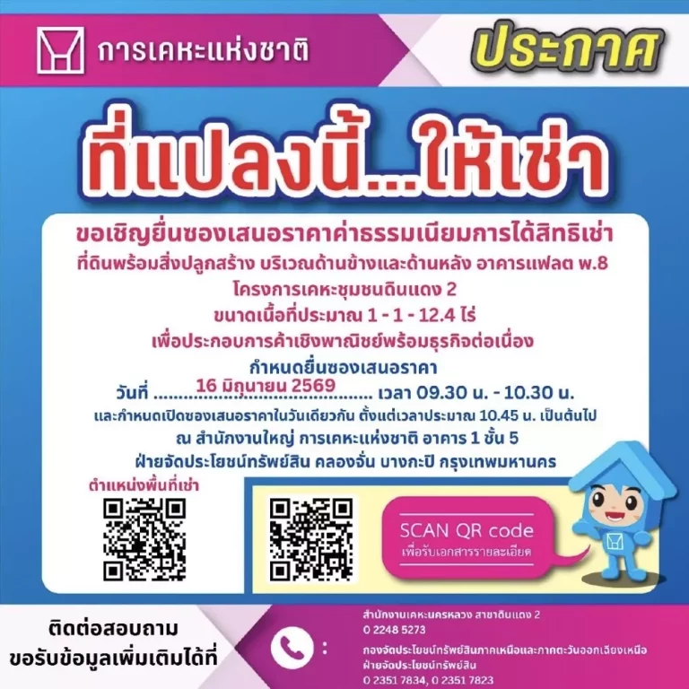 การเคหะแห่งชาติ เปิดยื่นข้อเสนอเช่าที่ดินประกอบธุรกิจ บริเวณโครงการเคหะชุมชนดินแดง 2