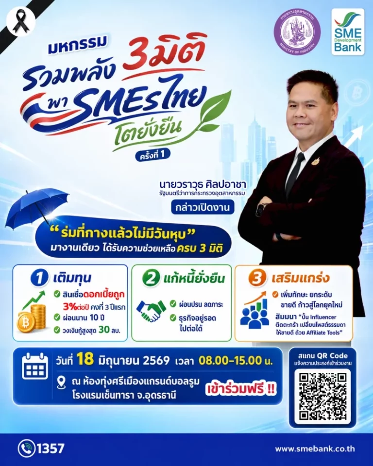 SME D Bank เชิญ SME ร่วมงาน ฟรี! “มหกรรมรวมพลัง 3 มิติ พา SME ไทยโตยั่งยืน” จังหวัดอุดรธานี