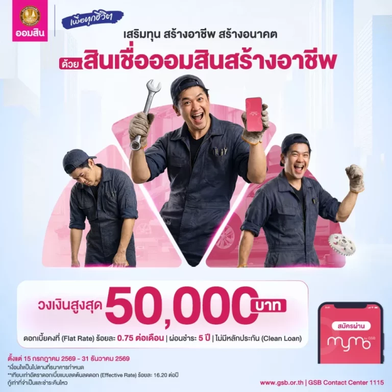 ออมสิน เปิดกู้สินเชื่อ “ออมสินสร้างอาชีพ” วงเงินสูงสุด 50,000 บาท ดอกเบี้ยต่ำ ไม่ต้องใช้หลักประกัน กู้สะดวกปลอดภัยผ่าน MyMo วันนี้!