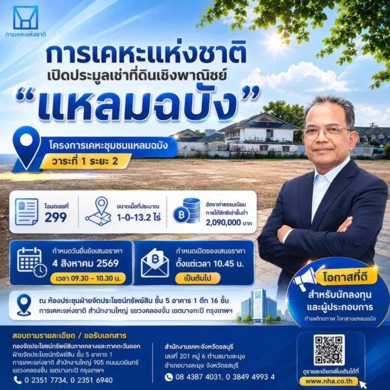 การเคหะแห่งชาติ เปิดประมูลเช่าที่ดินเชิงพาณิชย์ “แหลมฉบัง”