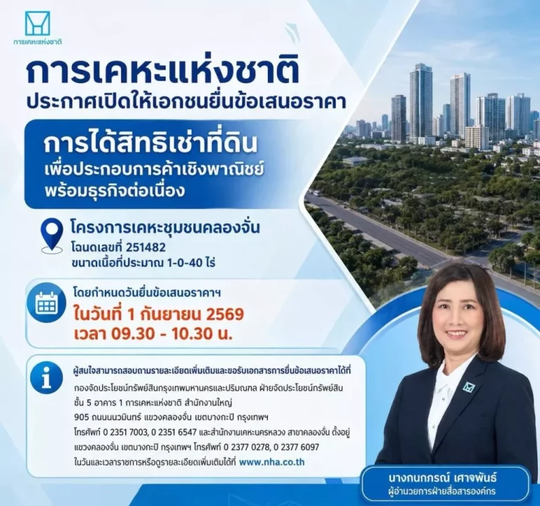 การเคหะแห่งชาติ เปิดให้เอกชนยื่นข้อเสนอราคาค่าธรรมเนียมการได้สิทธิเช่าที่ดินพร้อมสิ่งปลูกสร้างโครงการเคหะชุมชนคลองจั่น