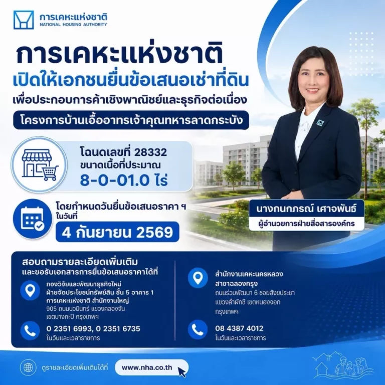 การเคหะแห่งชาติ เปิดให้เอกชนยื่นข้อเสนอเช่าที่ดิน เพื่อประกอบการค้าเชิงพาณิชย์และธุรกิจต่อเนื่อง โครงการบ้านเอื้ออาทรเจ้าคุณทหารลาดกระบัง