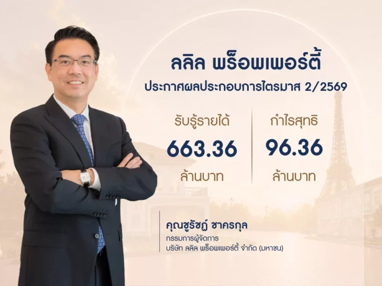 ลลิล พร็อพเพอร์ตี้ ไตรมาส 2 ปี 2569 รับรู้รายได้ที่ 663.36 ล้านบาท กำไรสุทธิ 96.36 ล้านบาท จ่ายปันผลระหว่างกาลที่ 0.11 บาท/หุ้น