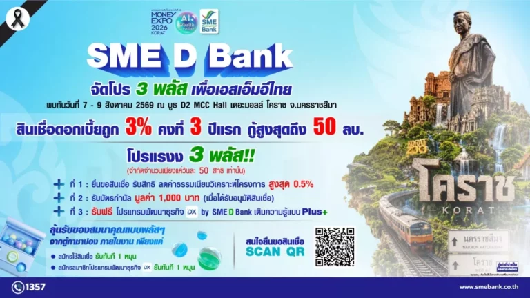 SME D Bank ยกขบวน “พัฒนาคู่เติมทุน” บุก ‘มหกรรมการเงินโคราช’ 7-9 ส.ค.นี้ จัดโปรฯ 3 พลัส สินเชื่อดอกเบี้ยต่ำ 3% ต่อปี แถมลดค่าธรรมเนียม พบได้ที่บูธ D2